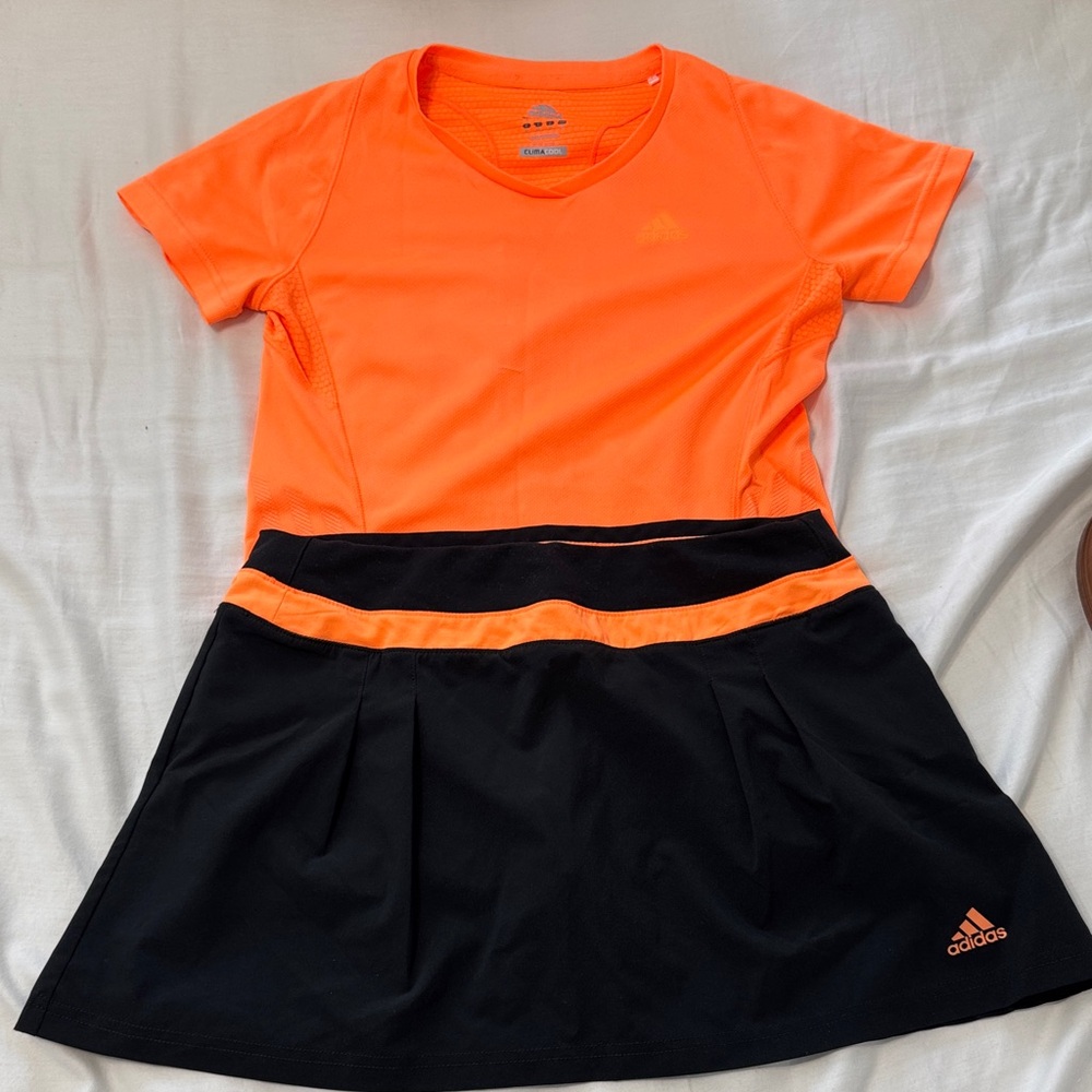 Adidas Bright Orange and Black Tennis skirt and shirt